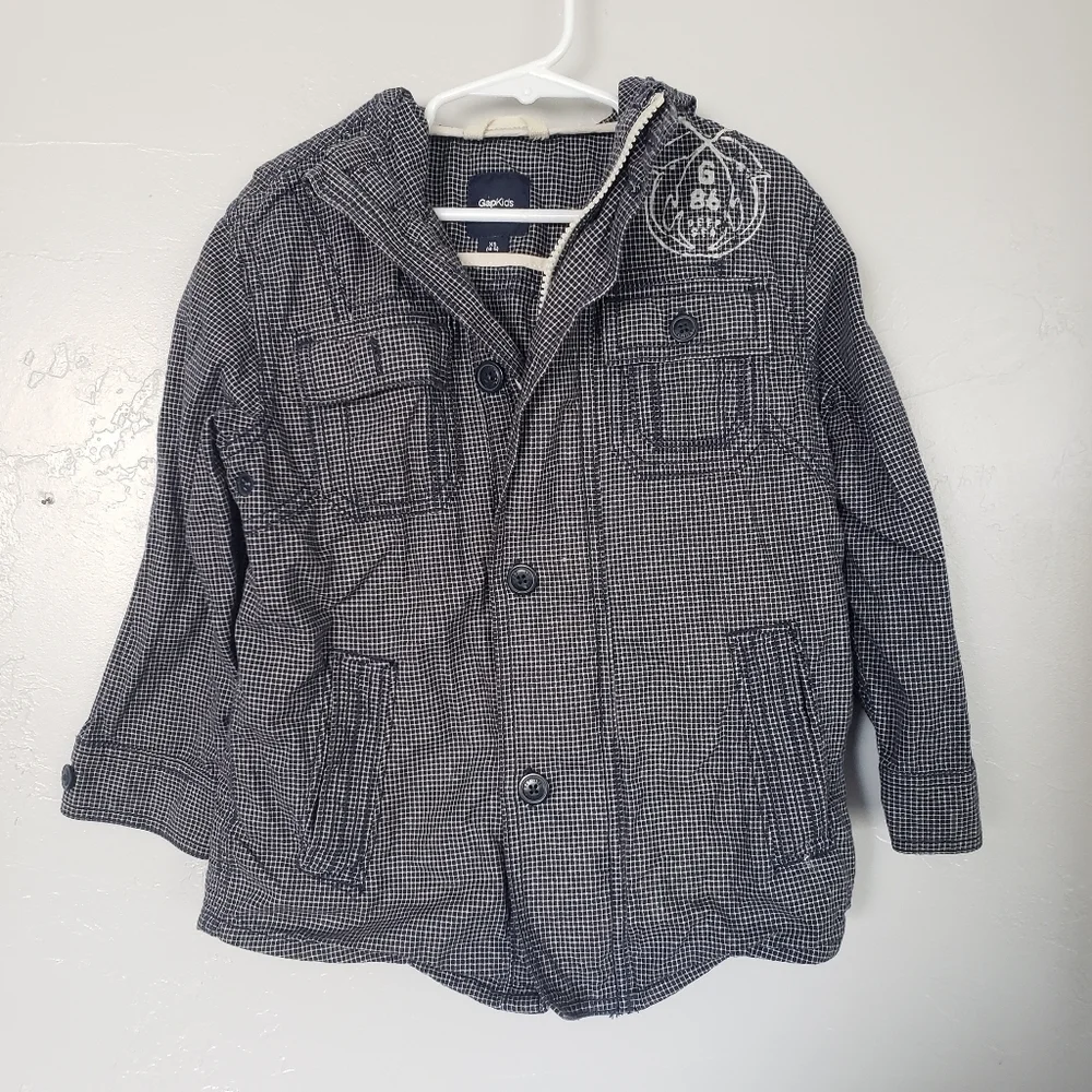 Gap Kids Boys XS 4/5 Navy Blue & White Plaid Jacket Zipper Button Up Utility